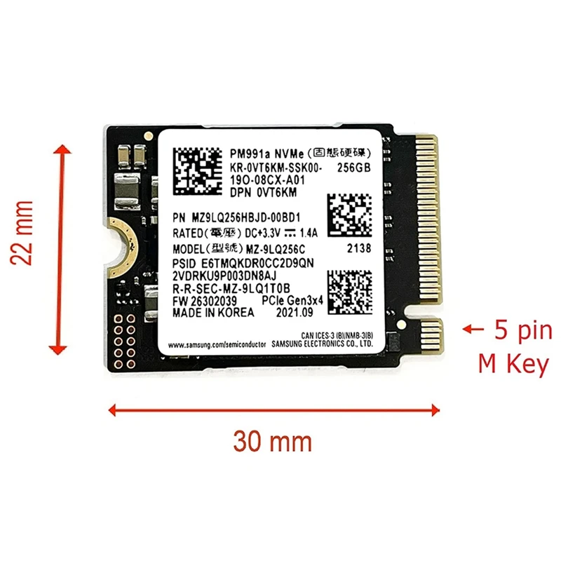 Для SAMSUNG PM991A 1TB M.2 2230 30Mm Nvme Pcie SSD для палубы/поверхности Pro Dell/HP/Lenovo/ноутбука простой