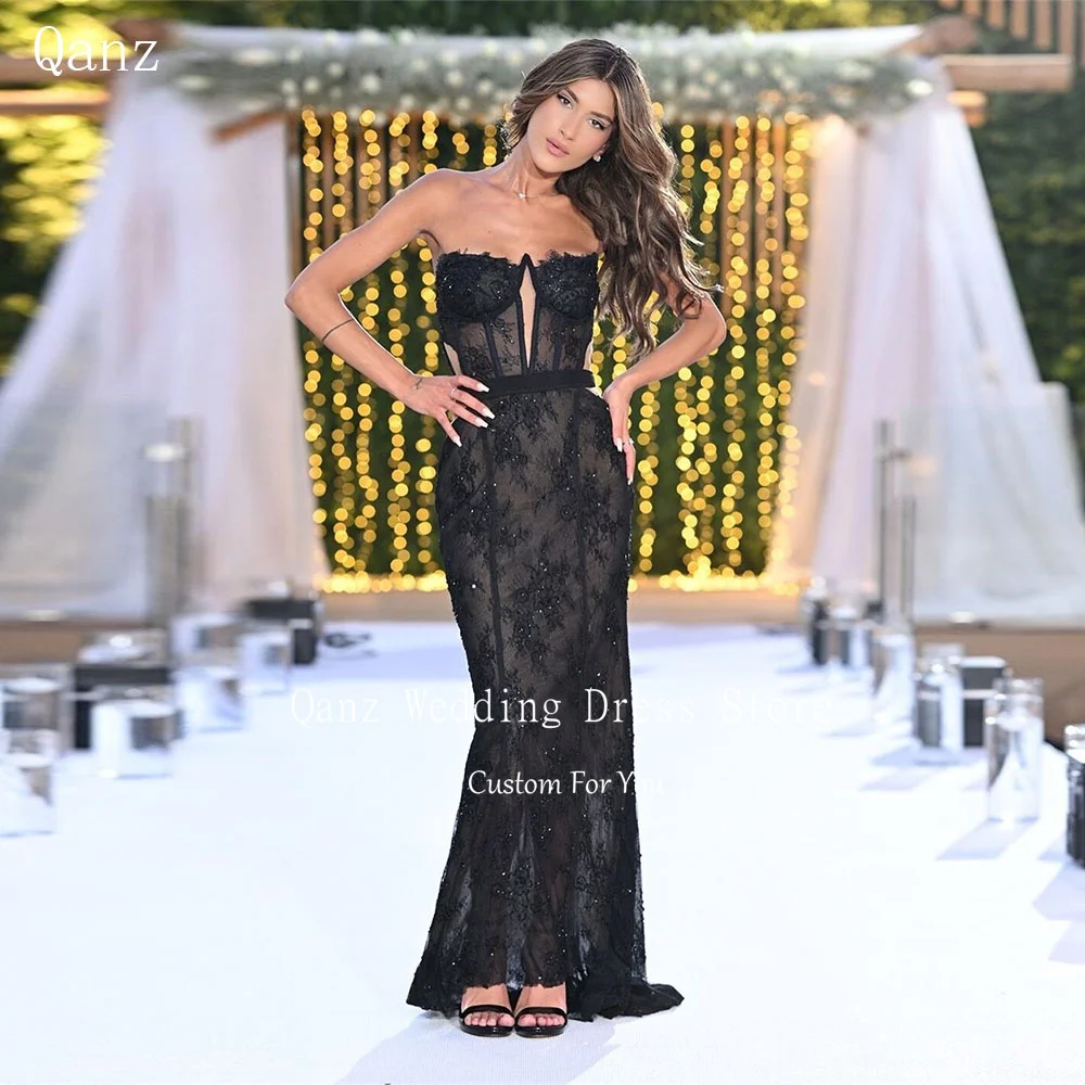 Qanz черные роскошные Выпускные платья Русалка без рукавов кружевные женские для