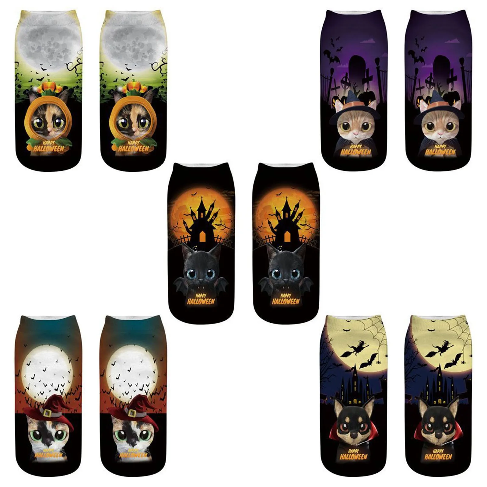

Funny 3d Printing Halloween Socks Unisex Cute Happy Cosplay Party Club Sokken Gifts Gothic Pumpkin Lantern Ghost Broom Black Cat