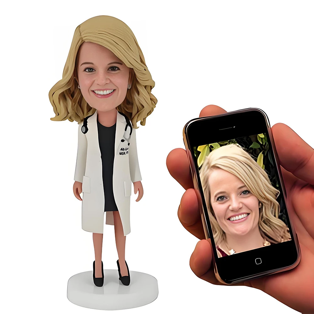 Female Doctor in White Coat Custom Bobble Head Figures Handmade Personalized Sculpture Gift for Women