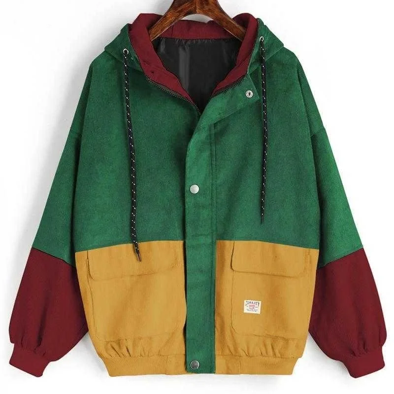 

patchwork contrasting Outerwear Coats Corduroy Patchwork Oversize Jackets Autumn Women Chaqueta Ceket Streetwear Windbreaker