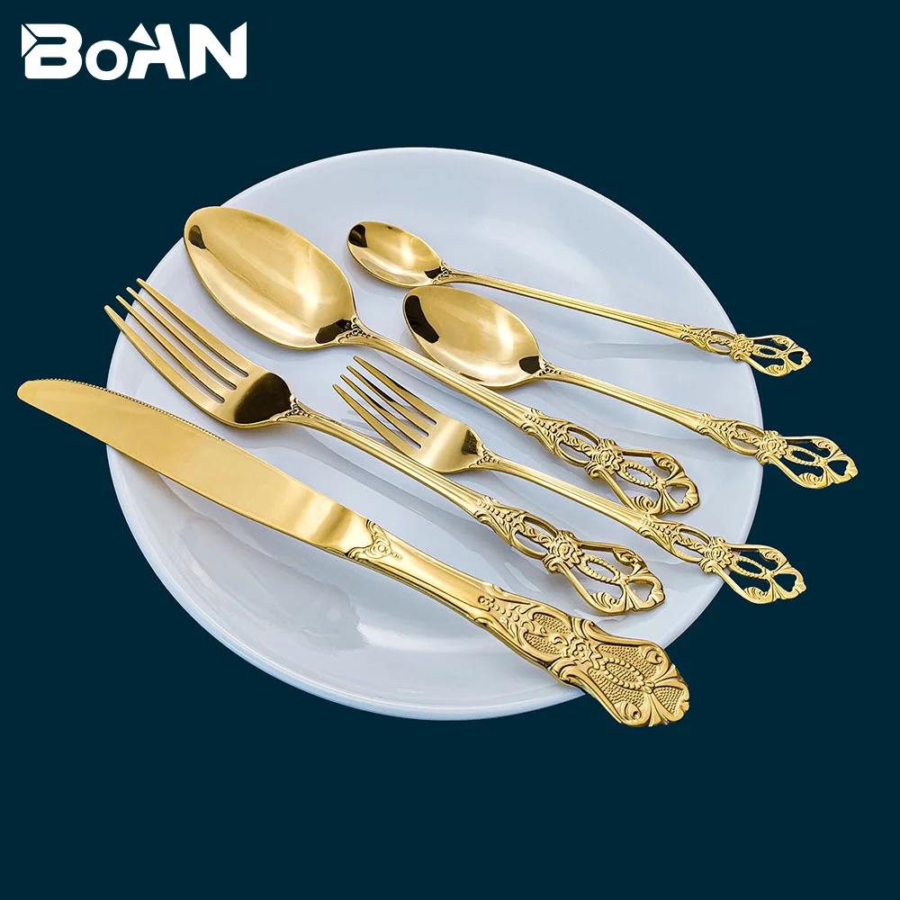 

4pcs Stainless Steel Spoon Fork Embossed European Style Royal Court Titanium Plated Gold Tableware Western Knife Fork Spoon Set