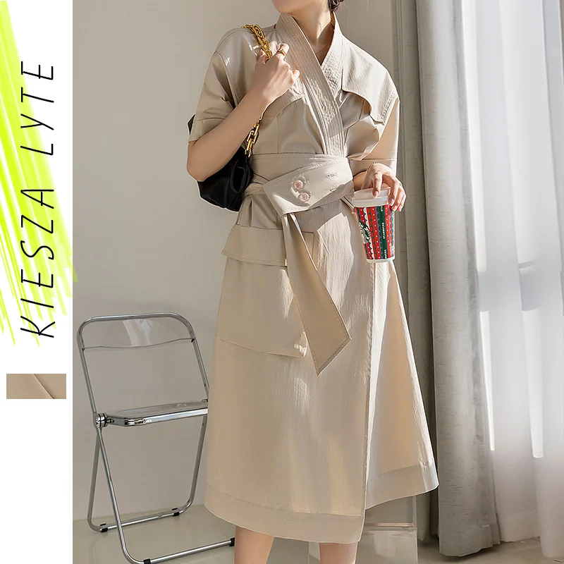 

Women Dress 2023 Spring Summer Fashion Solid Causal Lace Up Belt Loose Pockets Dresses Female Vestidos