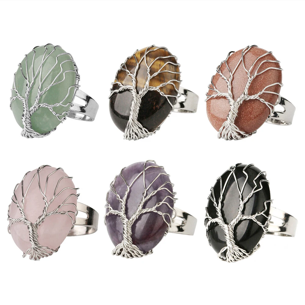 

Mineraali Tree of Life Open Rings Natural Amethyst Rose Quartz Green Aventurine Stone Sliver Bronze Wire Wrapped Crystal Jewelry