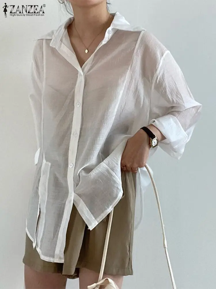

ZANZEA Women Long Sleeve Tie Waist Shirts Fashion See-through Sheer Blouses Summer Lapel Neck Long Chemise Casual Loose Tops