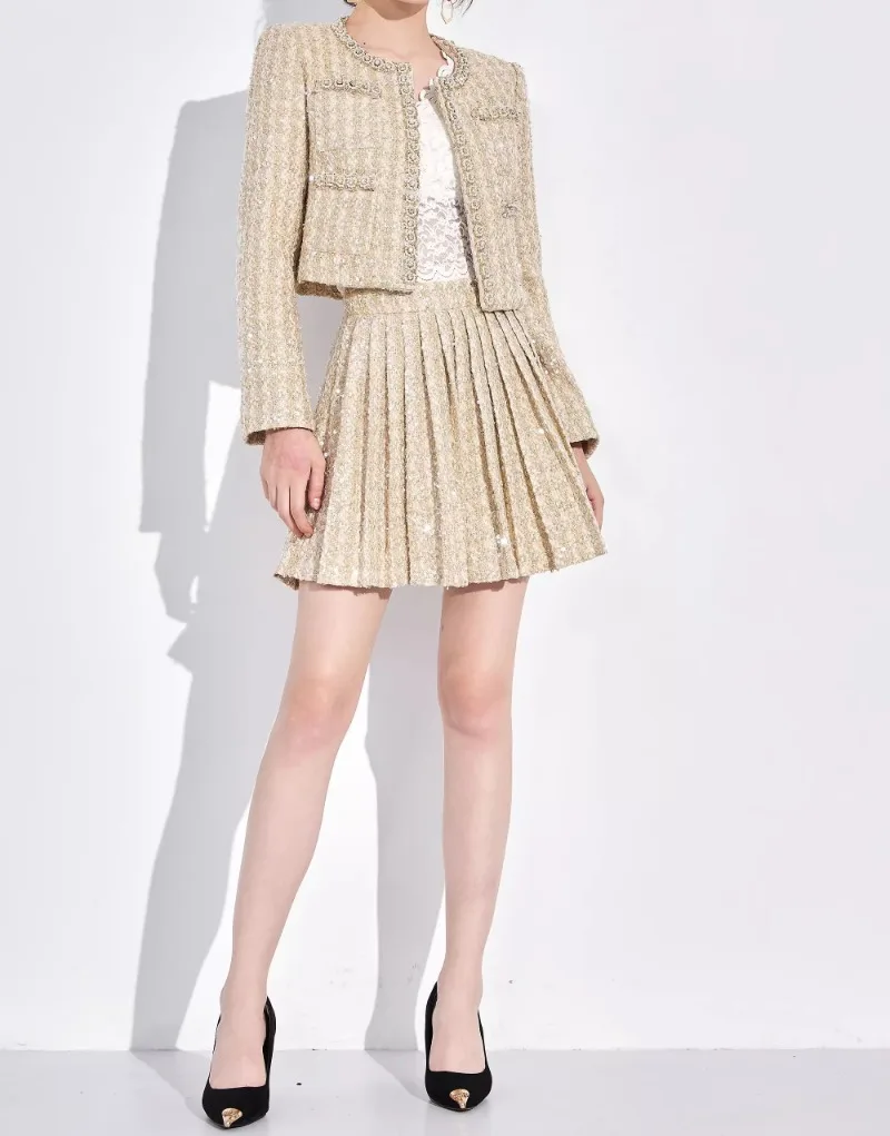 Женский офисный комплект из двух предметов элегантный абрикосовый твидовый