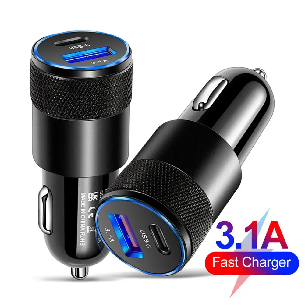 

3.1A 15W Car Charger USB+PD Aluminum Alloy Cigarette Lighter Adapter Mobile Fast Charger Car Auto Replacement Battery Charger