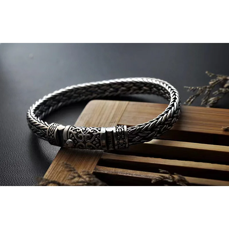 

Vintage Men S925 Sterling Silver Twisted Woven Bracelet Bangle Cuff for Male Retro Thai Original Handmade Exquisite Opening Gift
