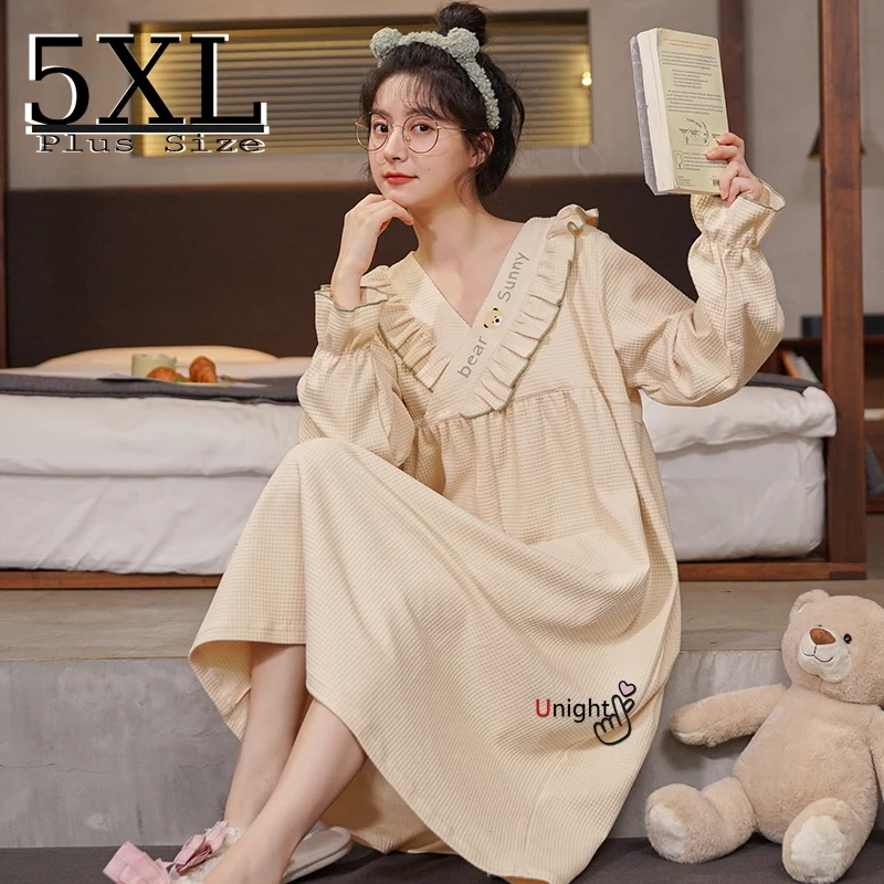 

Large oversized Night Dress Women's Cotton Nightgowns Nightdress Female Sleepshirt Sleepwear long sleeves Dresses Home Clothes