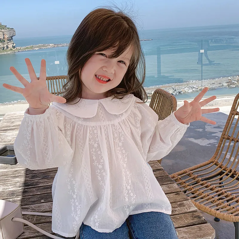

Girls' Shirt 2022 Spring New Female Baby Korean Doll Shirt Solid Lace Long Sleeved Top