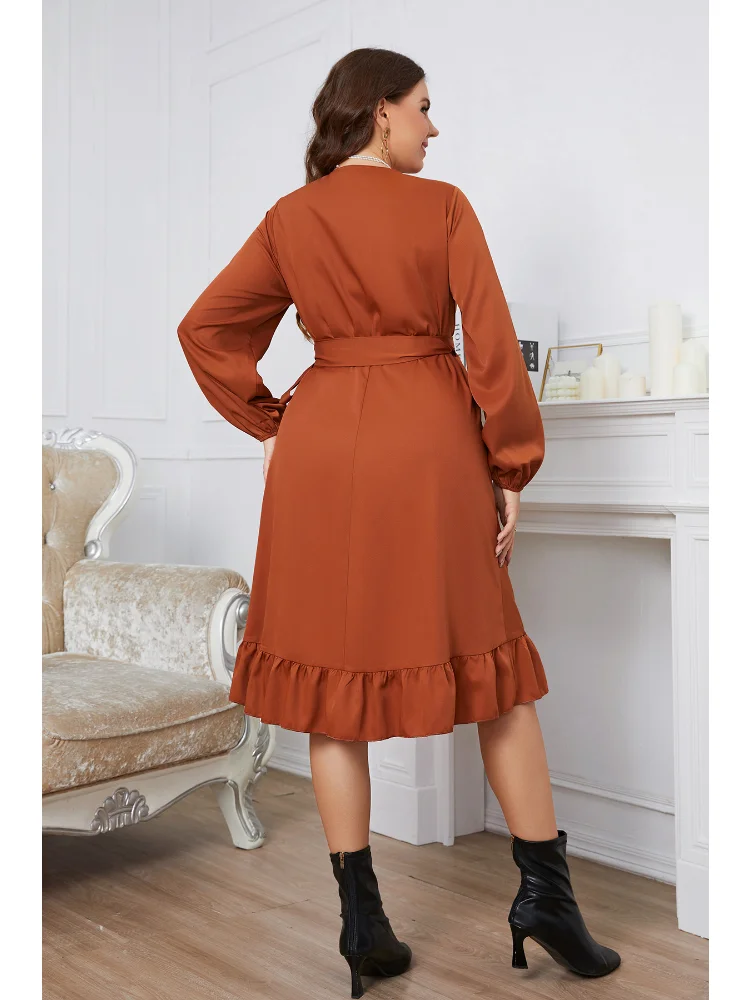 Long Sleeve Large One Piece Waist Wrap Dress plus size women clothing  vestido feminino v neck dress