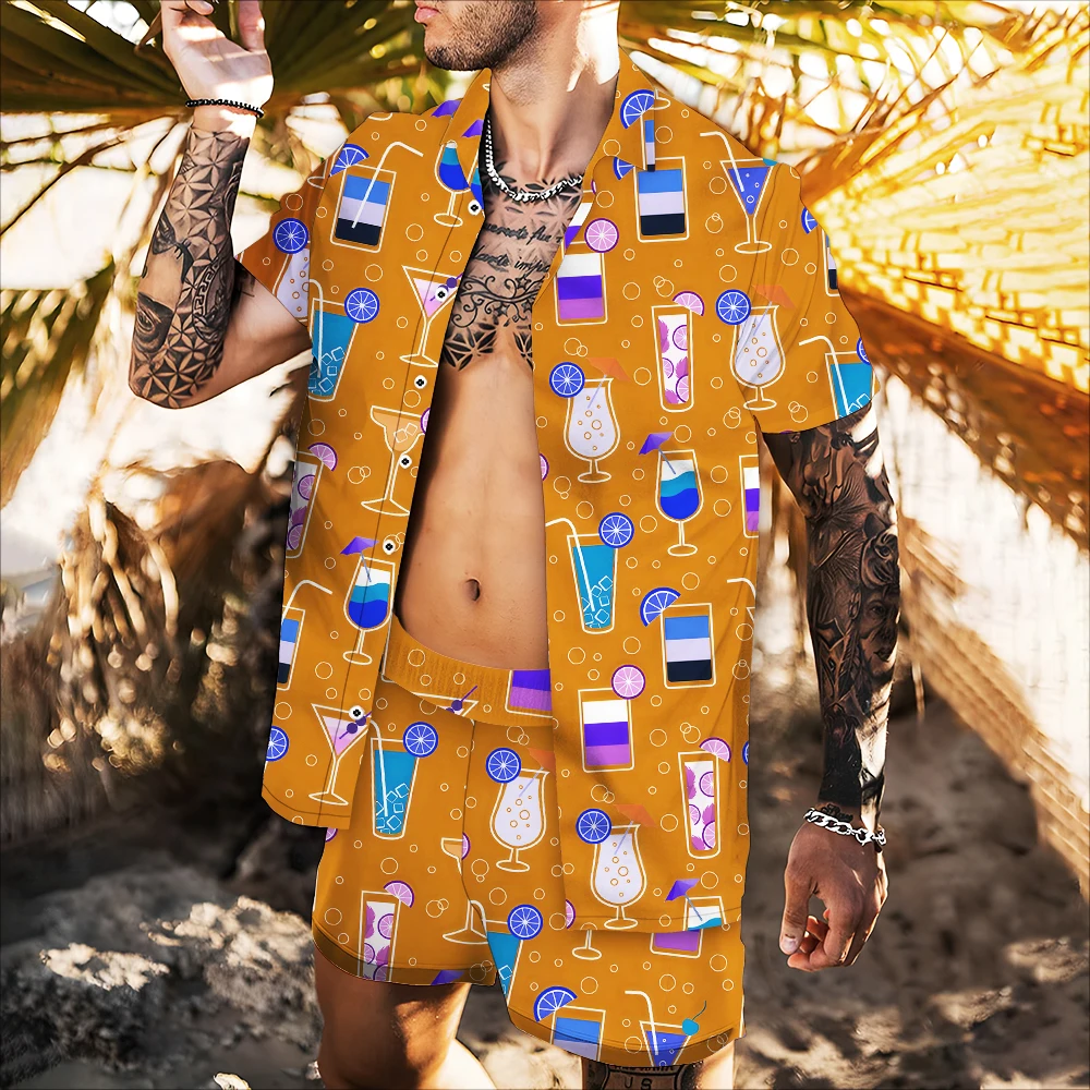 

Мужская винтажная гавайская рубашка, Повседневная дышащая рубашка с 3D принтом, на одной пуговице, с изображением напитков, фруктов, для влюб...