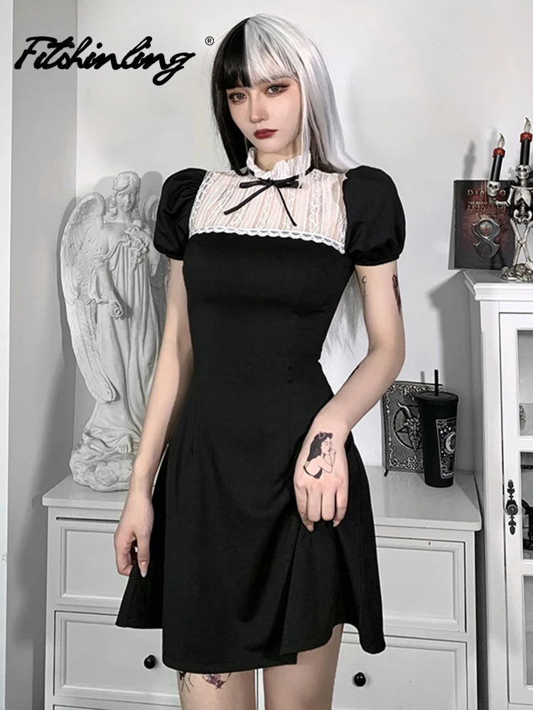 

Fitshinling Gothic Vintage Dress Slim Lace Mandarin Collar Puff Sleeve Goth Dresses Solid A-Line Summer Vestido Feminino Robe