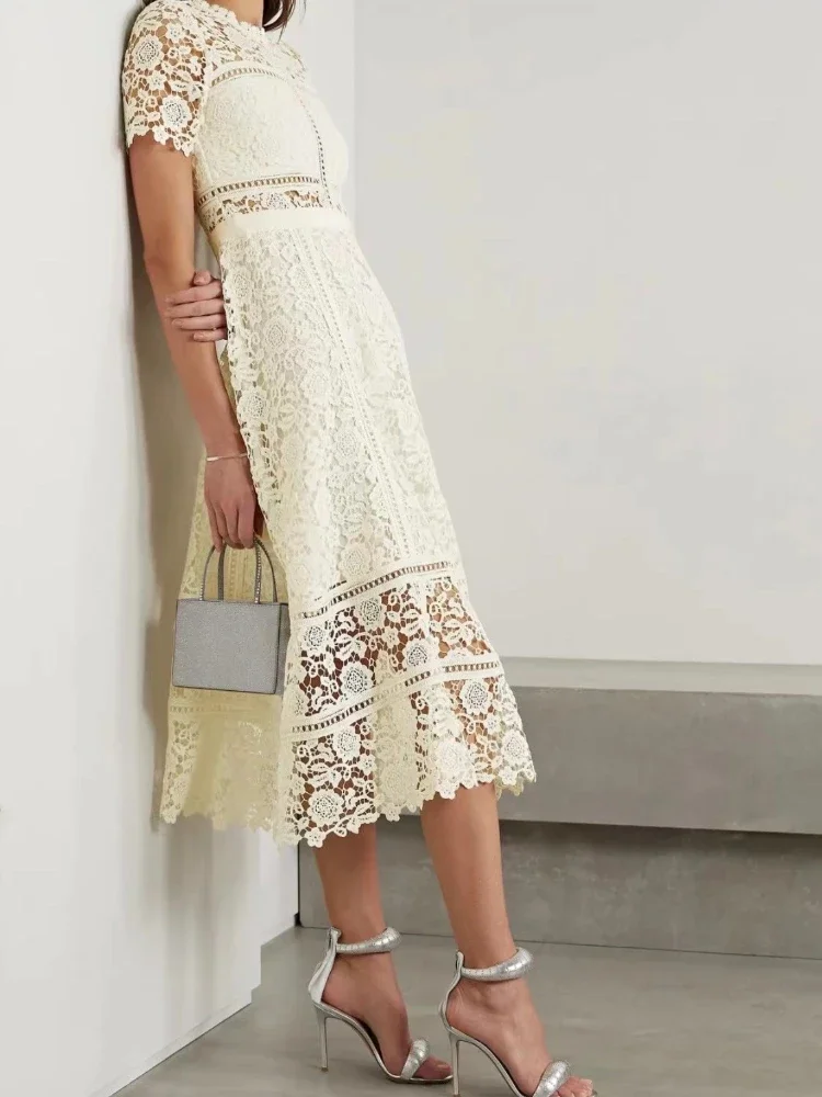 

Женское кружевное платье средней длины, однотонное элегантное ажурное платье цвета слоновой кости с цветочным крючком, 2023