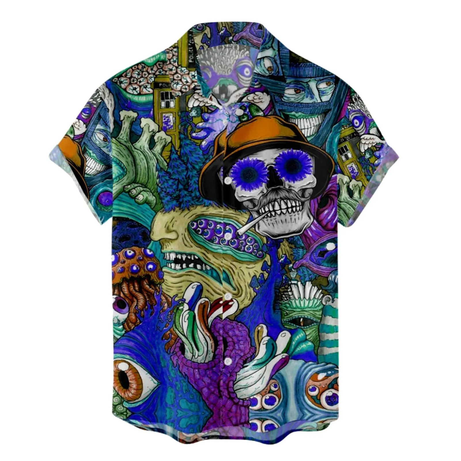 

Mens Shirts Skeleton Printed Hawaiian Short Sleeve Button Down Casual Loose Beach Hawaiian Shirts Turn Down Collar Top Chemise 4