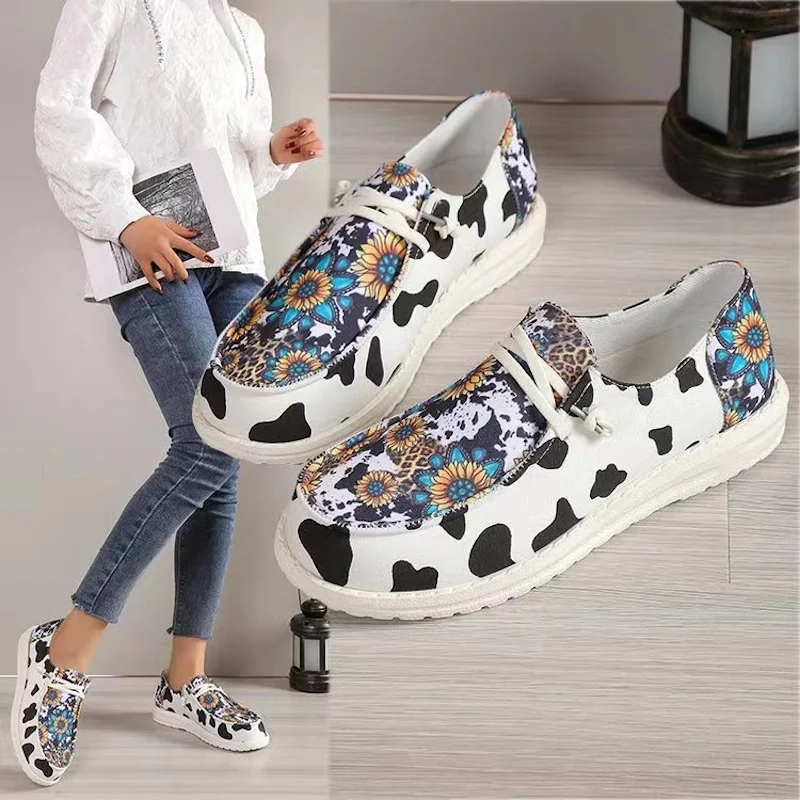 

SENDNAKAI Women's Fashion Printing Soft Sole Single Shoes Sunflower Cow Pattern Canvas Shoes Non slip Lightweight Cloth Shoes