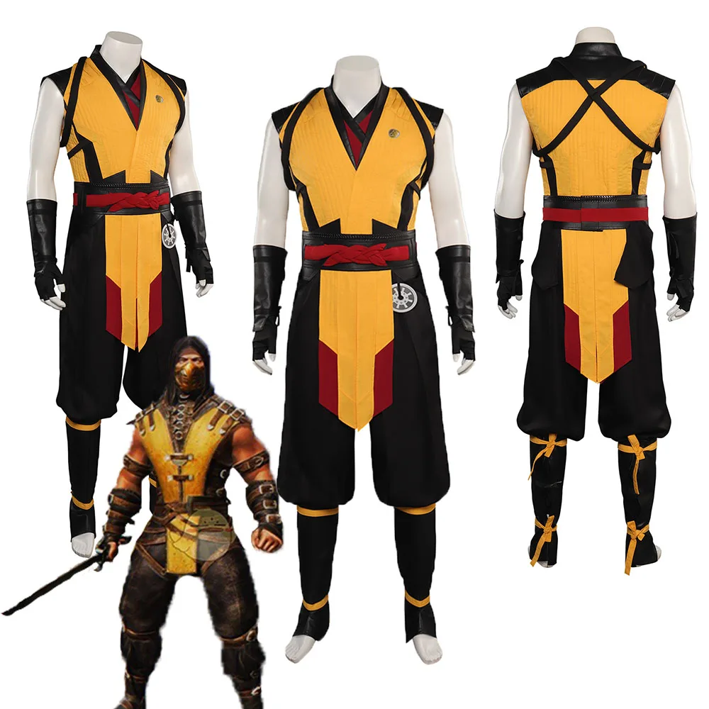 

Game Mortal Cos Kombat Scorpion Cospaly Adult Male Vest Pants Coat Costume Men RolePlay Outfits Halloween Party Disguise Suit