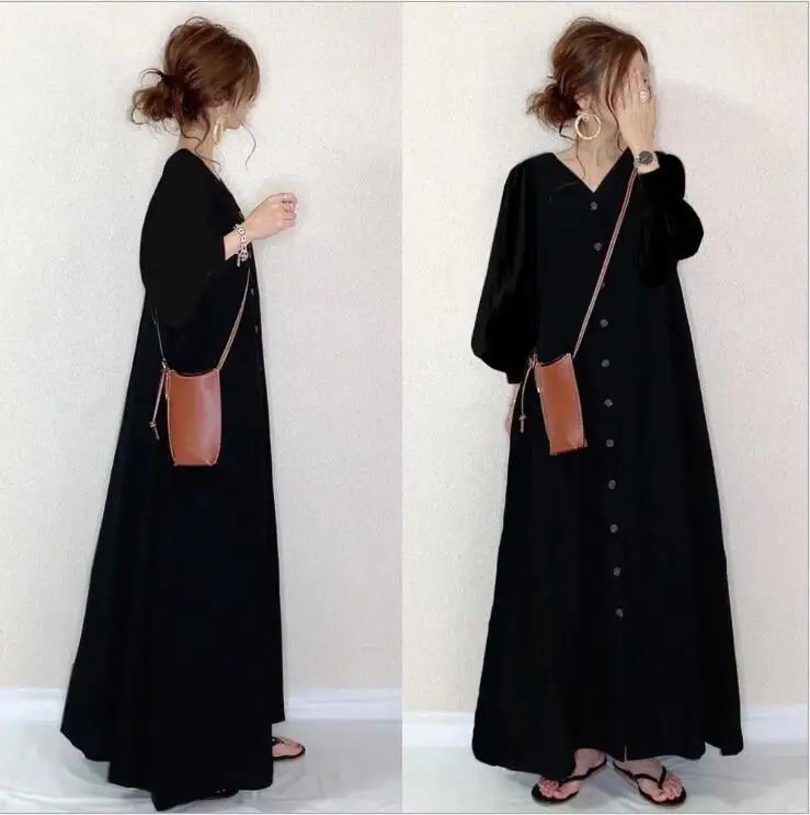 Купи Japan Style Long Women Dress V-neck Single Breasted Black Long Sleeve Large Loose Long Dress Vesitidos De Mujer Harajuku Dress за 1,193 рублей в магазине AliExpress