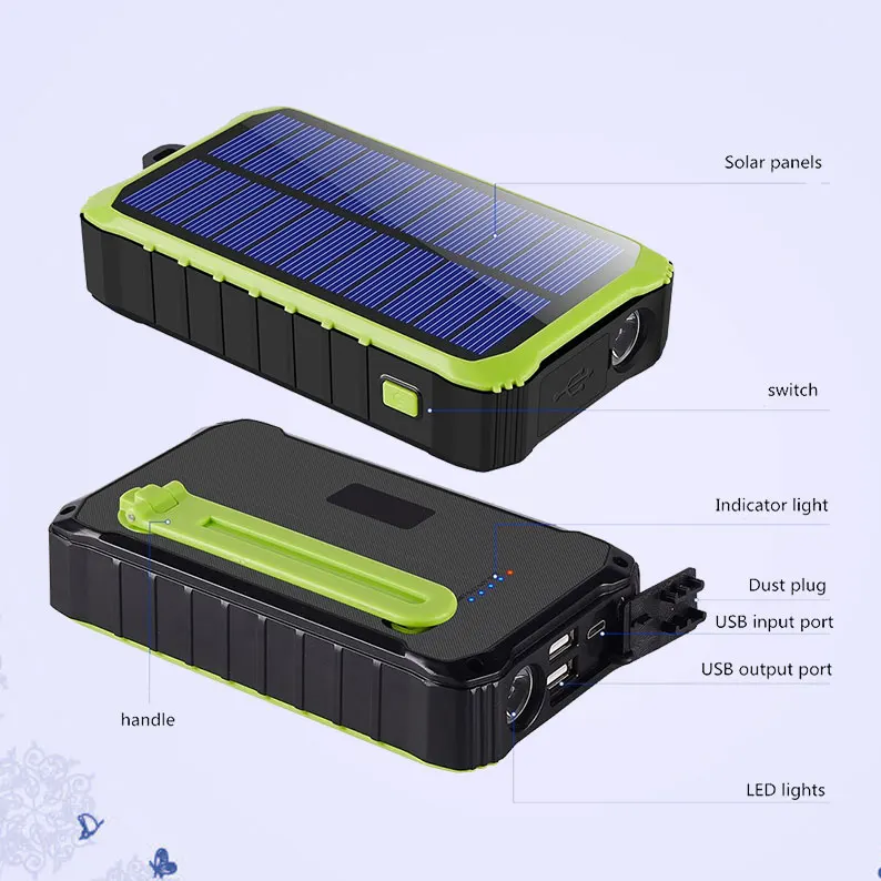 

12000mAh solar power bank, LED lighting, external auxiliary charger for mobile phone battery