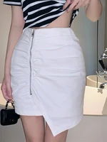 sexy korean fashion zipper folds mini women skirt vintage high waist irregular chic female hip wrap skirt mujer girls streetwear