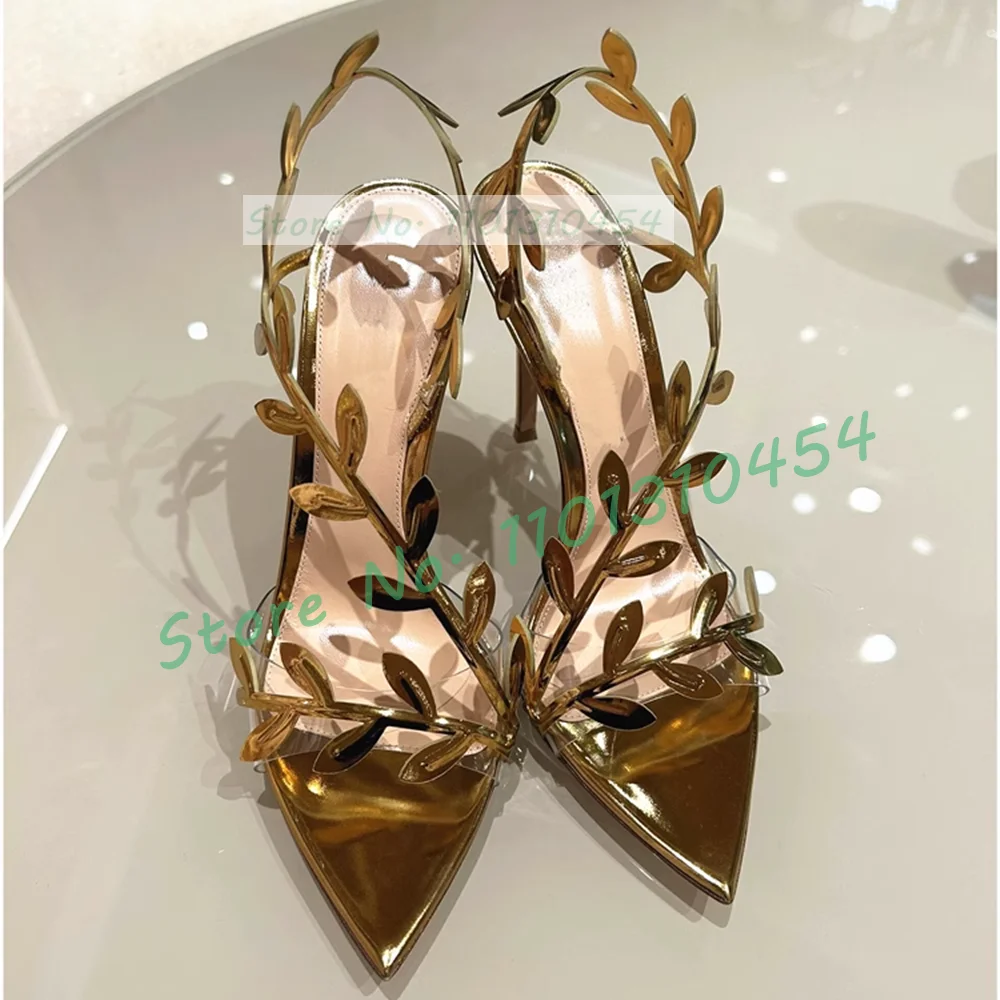 Босоножки женские с золотыми листьями шикарные сандалии на высоком каблуке
