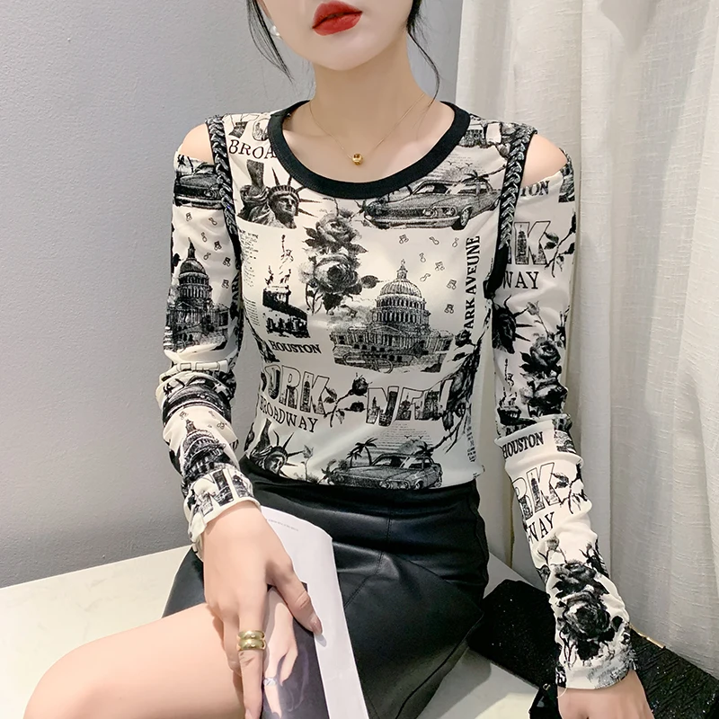 

Женская футболка с круглым вырезом, длинным рукавом и принтом, Осень-зима