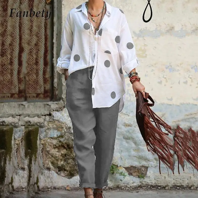 

Women Elegant Polka Dot Print Long Sleeve Blouse+Slim Trousers Suits Lapel Shirts Two Piece Sets Spring Casual Ladies Overalls