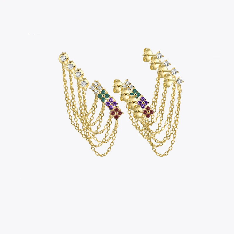 Женские серьги-гвоздики из серебра 925 пробы с двойной цепочкой и кисточкой