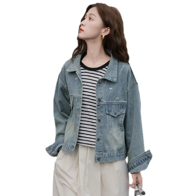Винтажная джинсовая короткая куртка в американском стиле женская осенняя