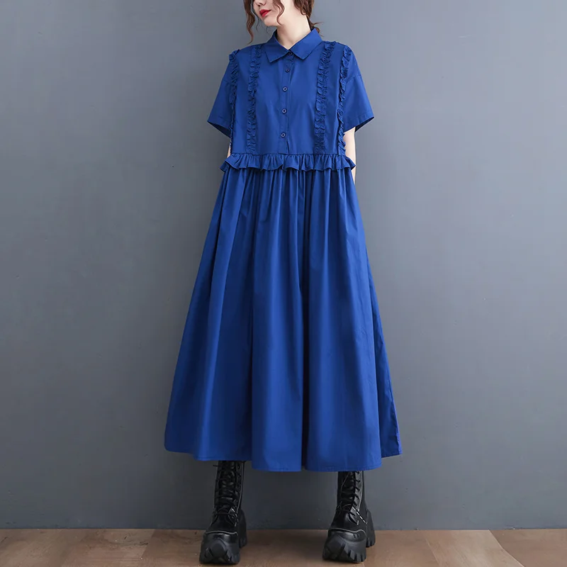 Женское Плиссированное Платье #3319 черное синее платье-рубашка с оборками