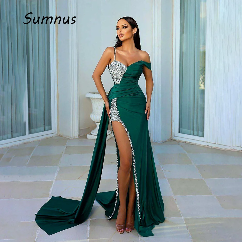 

Dark Green Off the Shoulder Prom Dresses Beads Elastic Satin Sexy High Split Evening Dress With Train Event Party Gowns