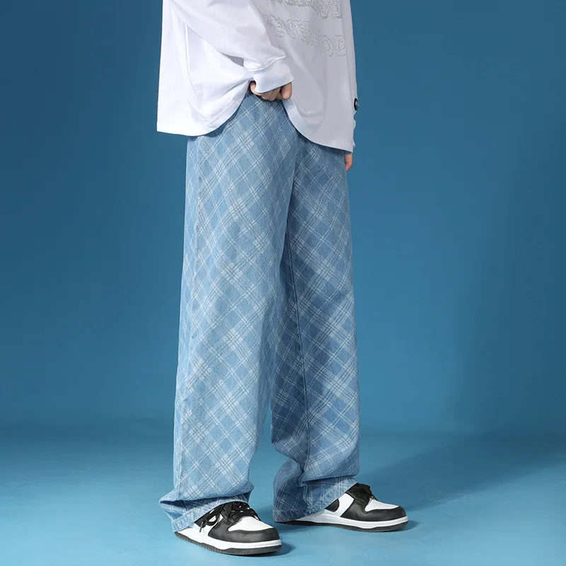 Original Retro Jacquard Plaid Casual Versatile Straight Loose Jeans Men's Brand Clothing Trousers Couple Pants Trend Streetwear