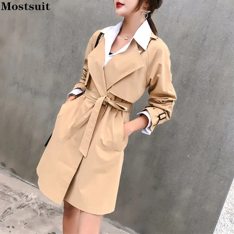 

Spring Autumn Elegant Trench Coat For Women 2022 Long Sleeve Turn Down Collar Pocket Belt Overcoat Outwear Korean Manteau Femme