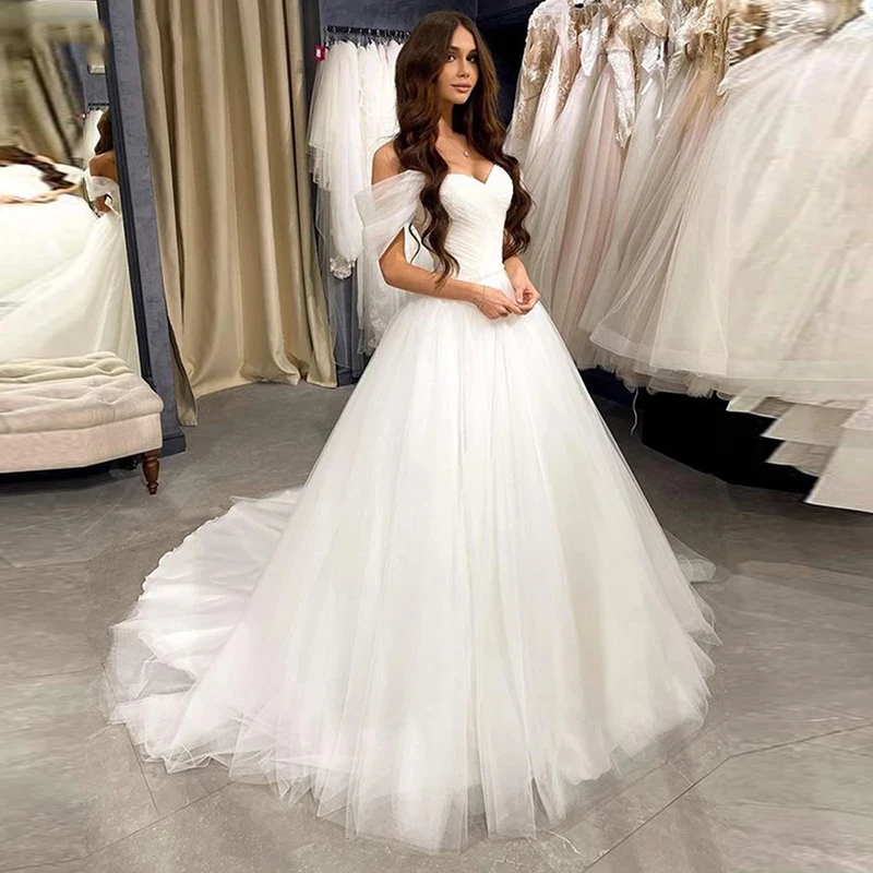 

Ball Gown Tulle Wedding Dresses Sweetheart Beaded Robe De Mariée Off The Shoulder Sweep Train Bride Gowns Lace-up