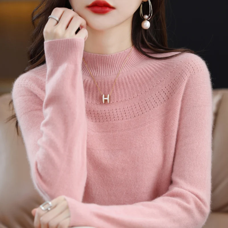 

Hot selling first line ready-to-wear women's half turtleneck pullover cutout sweater 100% wool autumn winter knitted top