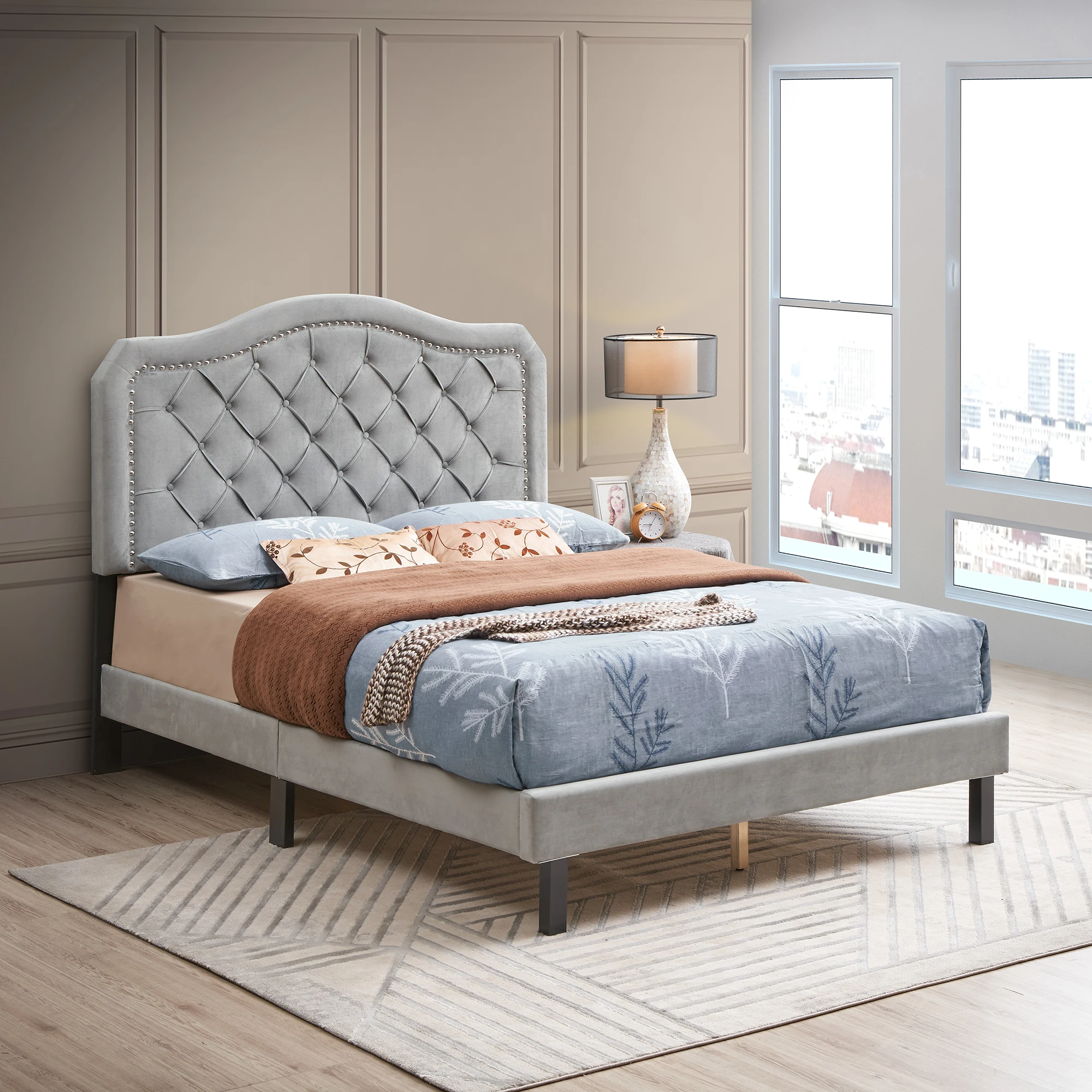 

Queen Upholstered Bed Button Tufted with Curve Design-Strong Wood Slat Support Easy Assembly Gray Velvet Platform Bed[US-W]