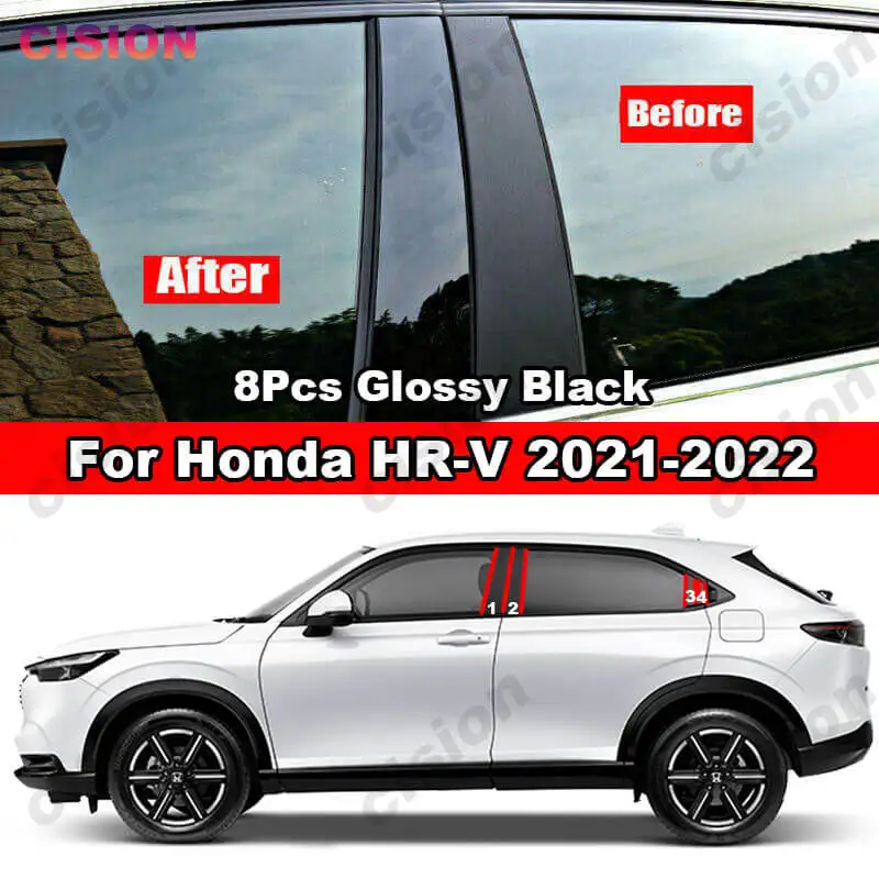 

8x Car Window Door Column B C Pillars Post Cover Trim For For Honda HRV 2021-2022 Glossy Black Mirror Effect PC Material Sticker
