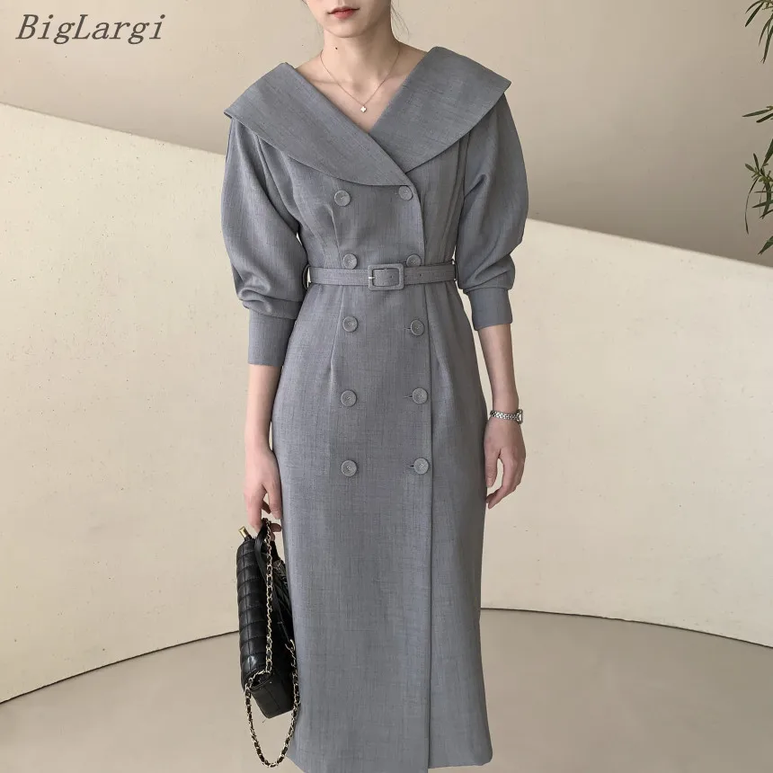 

Женское винтажное платье с длинным рукавом, элегантное двубортное платье в Корейском стиле, Осень-зима