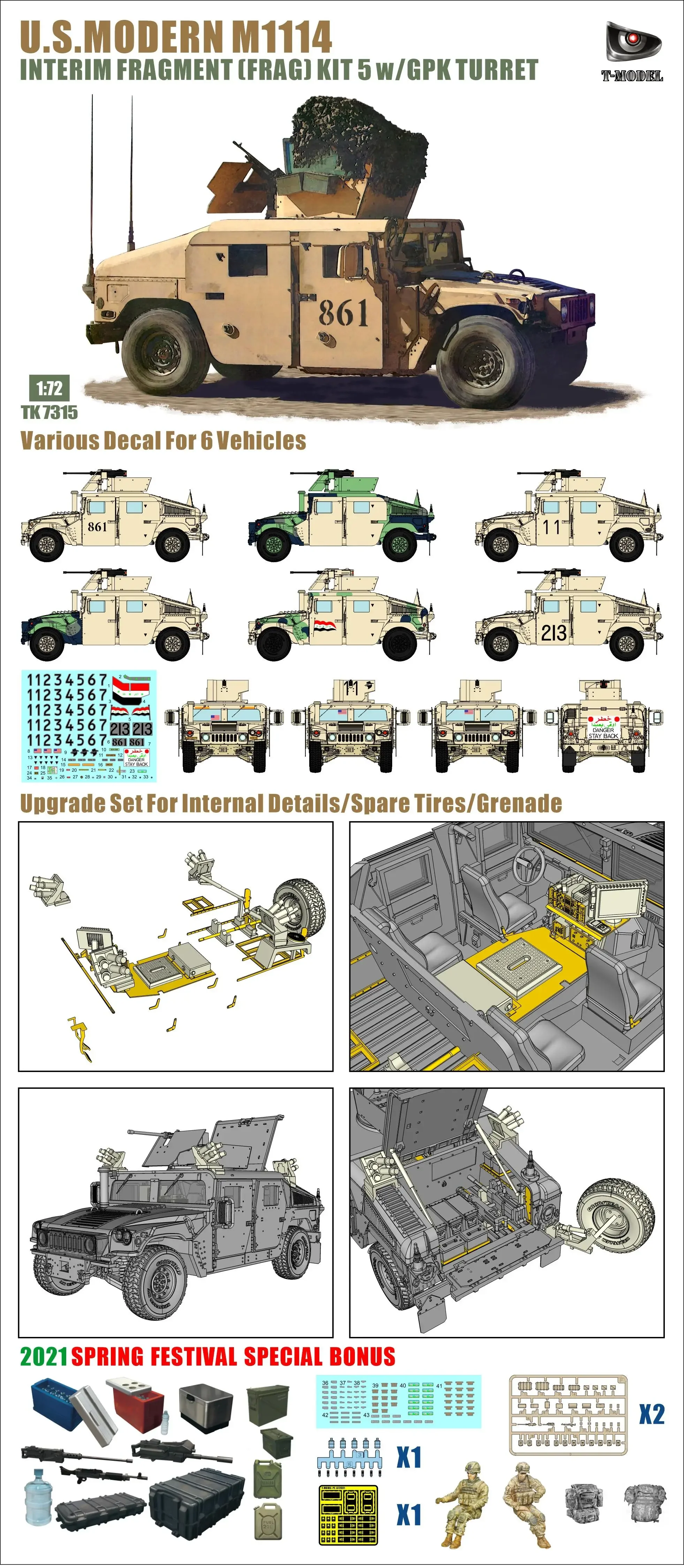 T-Model TK7315G 1:72 КОМПЛЕКТ ПЕРЕМЕННОГО ФРАГА США M1114 5 Вт/GPK TURRET