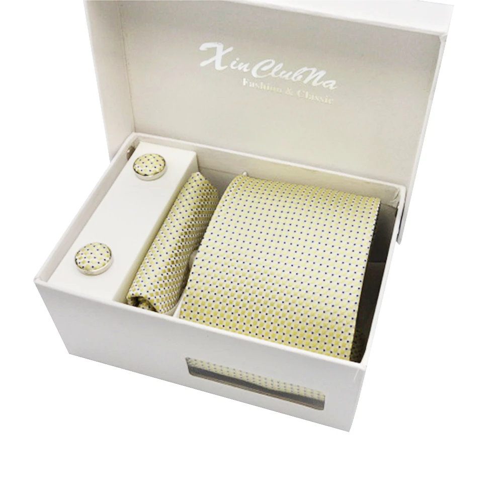 

Ikepeibao Brand Tie Handkerchief Cufflink Set For Men Necktie Holiday Gift Box Yellow Dots Tie Wedding Gravatas