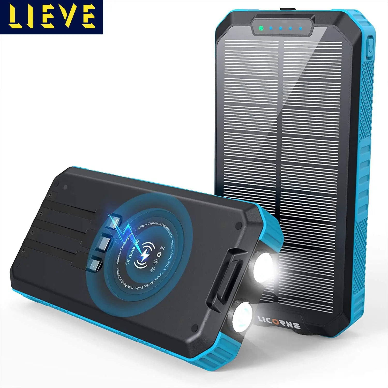 

Solar Charger 36800mAh Wireless Portable Charger Quick Charge with Dual Flashlight External Battery Power Bank for iOS,Android