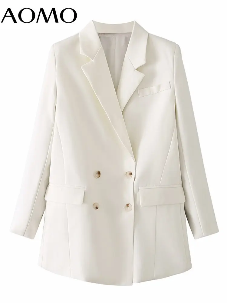 

AOMO Women 2023 White Blazer Coat Vintage Double Breasted Long Sleeve Female Outerwear DA63A
