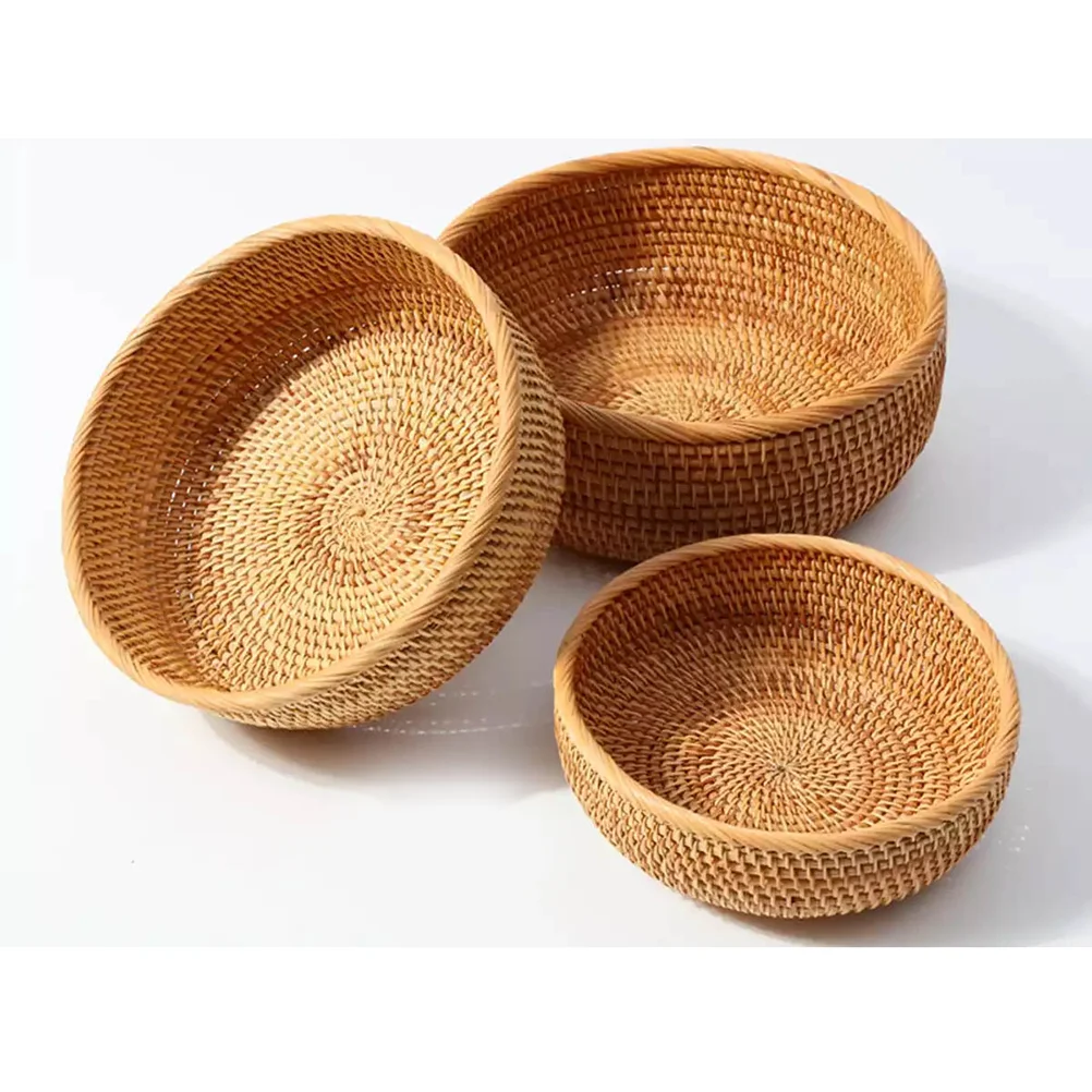 

Woven Round Rattan Fruit Basket Wicker Tray Weaving Storage Holder Dining Room Bowl Fruit Basket Shallow Basket 3 Different Size