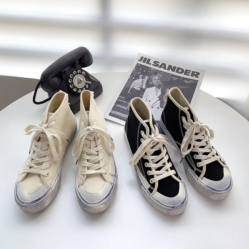 

Гонконгская ветрозащитная обувь, грязные старые парусиновые туфли, Женская Весенняя Студенческая обувь с высоким берцем 2021, Корейская гряз...