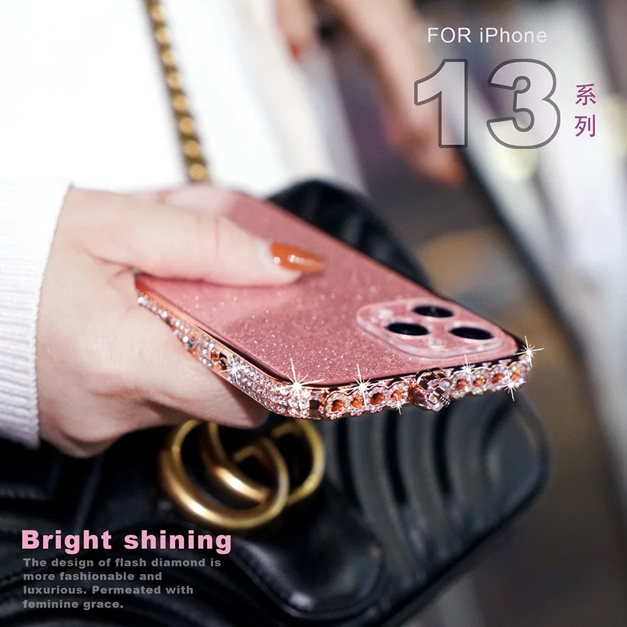 

Luxury Diamond Bling Heart Border Glitter Backfilm Phone Case For Iphone 13 12 11 Pro Max Xs Max Xr X 8 7 Plus Se Drill Bumper