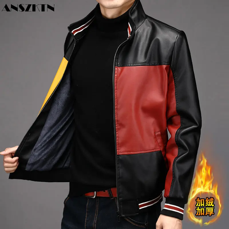 

ANSZKTN Winter fashion spliced fleece and thick warm jacket jacket motorcycle men's leather