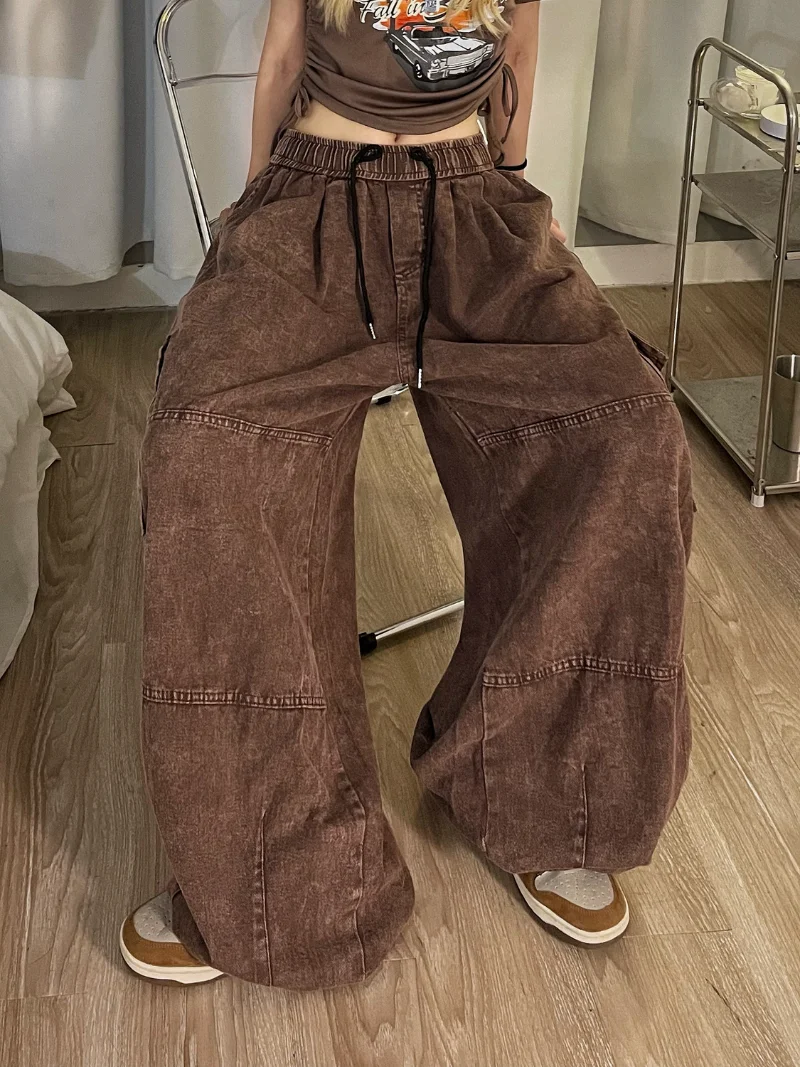 Cargo Pants Women Clothing High Street Waistband Vintage Washed High Waisted Jeans Woman Casual Wide Leg Baggy Jeans Women