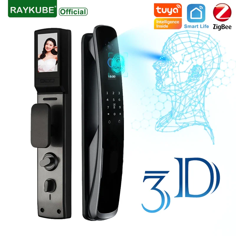 RAYKUBE DF4 3D Face Recognition Smart Lock with Camera Tuya Zigbee Electronic Door Lock Fingerprint Lock with IC Card Peephole
