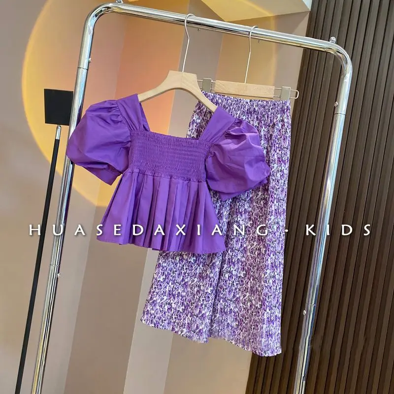 

Teenage Girls Summer Suit Fashion Bubble Sleeve Top Wide Leg Pants 2Piece Girls Short Sleeve Shirt Children's Baby Clothes Set