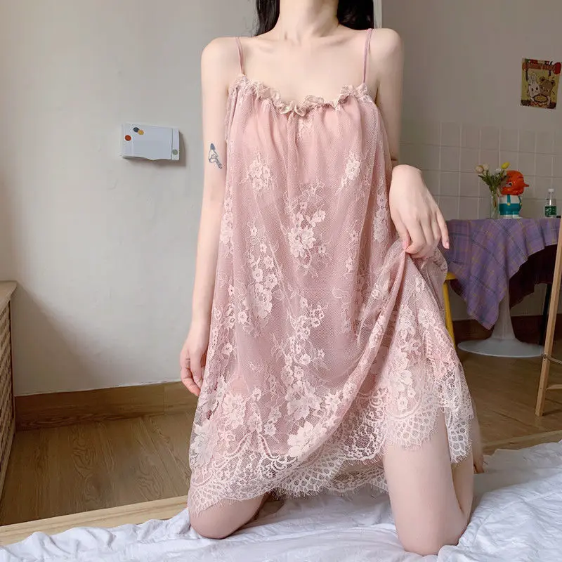 

Summer Fairy Suspender Nightdress Feminine Princess Style Court Sweet Ice Silk Thin Lace Sleeveless Pajamas Women
